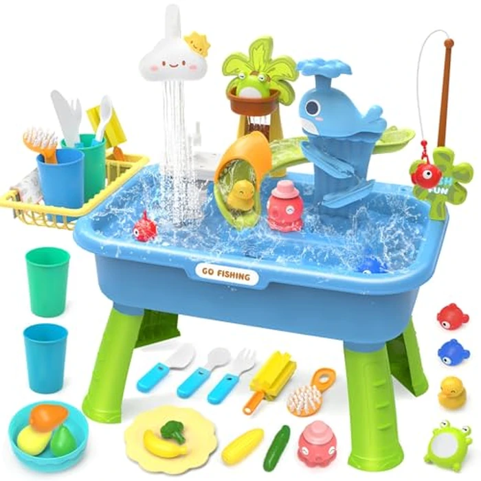21" H Play Sink with Running Water, 4-in-1 Kids Kitchen Sink Toy with Electric Faucet, Mini Water Table with Detachable Legs, Fishing Game, Pretend Play Dishwasher Gift Set for Boys & Girls(Blue) by Max & Deril - Used - Very Good condition - US$32.57