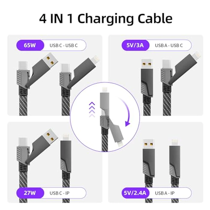 Firsting 4 in 1 Charging Cable 65W, USB C Cable Fast Charger Cord with E-Mark Chip, USB A/C to C/Lightning Cable, Multi iPhone Charger Cord for iPhone16/15/14/13 Series/Phones/Pads and Laptop by Firsting - Image 2
