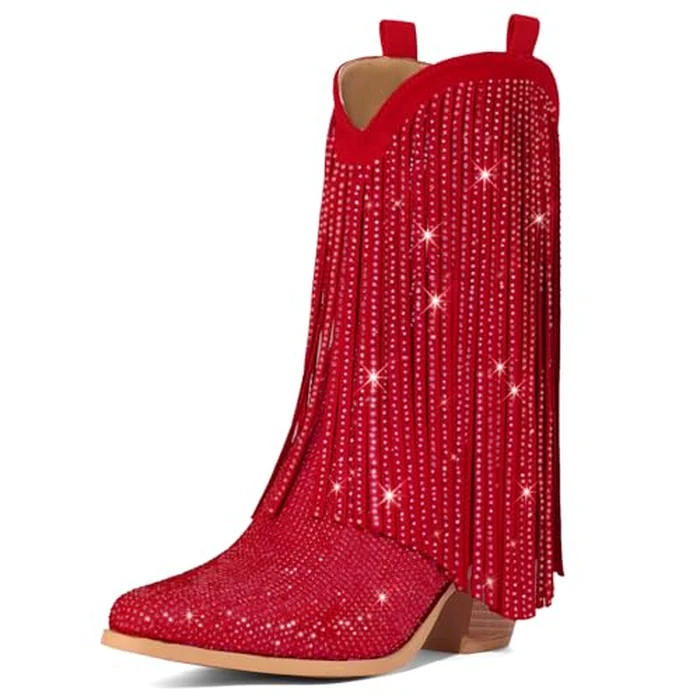 Rollda Rhinestone Cowboy Boots for Women, Sparkly Cowgirl Boots with Pointed Toe, Fringe Womens Western Boots Chunky Heel for Concert Dancing Party Music Festivals by Rollda - Used - Very Good condition - US$45.70