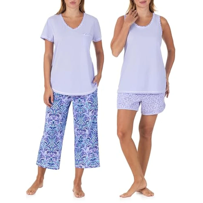Carole Hochman Women's 4-Piece 100% Cotton Pajama Set - V-Neck T-Shirt, Tank, Capri Pants & Shorts with Drawstring & Pockets, Periwinkle, Large by Carole Hochman - Used - Very Good condition - US$30.09