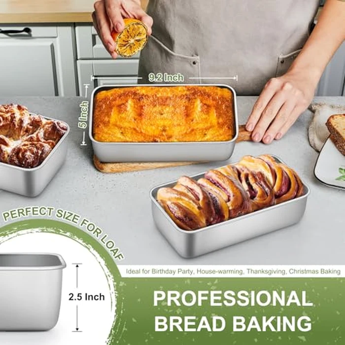 P&P CHEF Loaf Pan Set, 9 x 5 Inch Bread Pans, Stainless Steel Loaf Toast Baking Pans For Bread Meatloaf Lasagna Cake, Healthy & Non Toxic, Oven Safe& Easy Clean, (Silver, 4Pcs) by P&P CHEF - Image 3