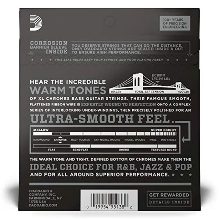 D'Addario ECB81M Chromes Bass Guitar Strings, Light, 45-100, Medium Scale by D'Addario - Image 2