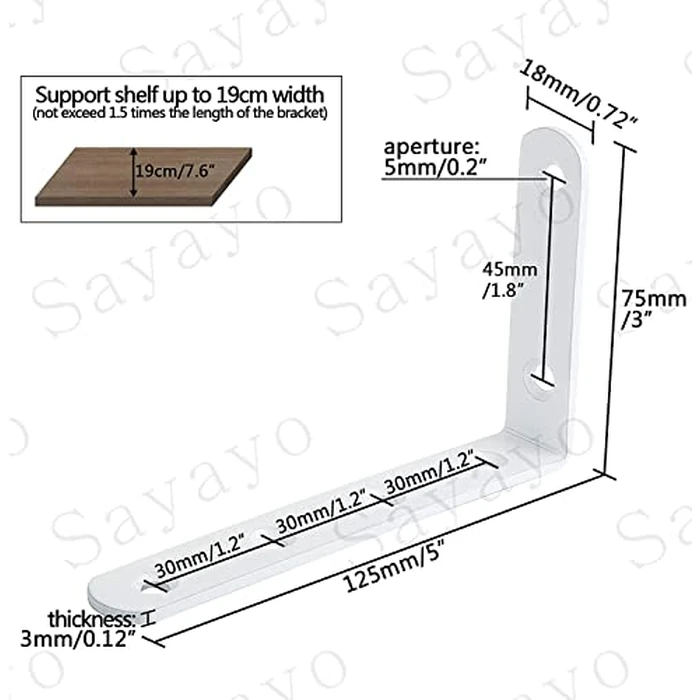 SAYAYO Shelf Bracket Heavy Duty Wall Shelf Brackets Stainless Steel Right Angle Shelf Supports White, 5 x 3 Inch L Brackets for Wood, 4 Pcs, CJ5207W-4P by SAYAYO - Image 2