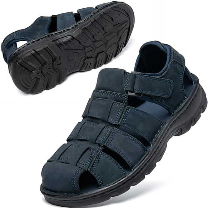 KOIMED Men's Fisherman Leather Sandals Summer Outdoor Sport Beach Hiking Casual Dress Sandles With Comfortable Memory Foam Adjustable Back Strap Closed Toe by KOIMED - Used - Very Good condition