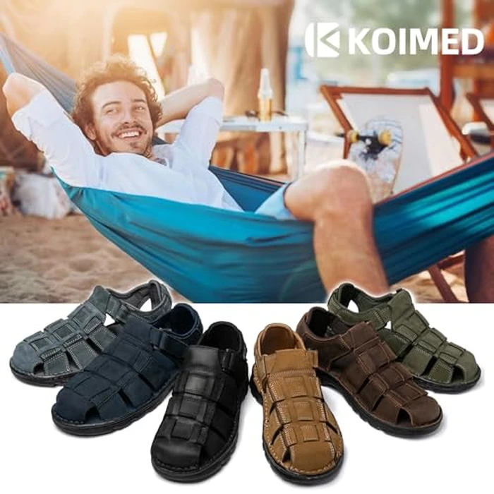 KOIMED Men's Fisherman Leather Sandals Summer Outdoor Sport Beach Hiking Casual Dress Sandles With Comfortable Memory Foam Adjustable Back Strap Closed Toe by KOIMED - Image 2