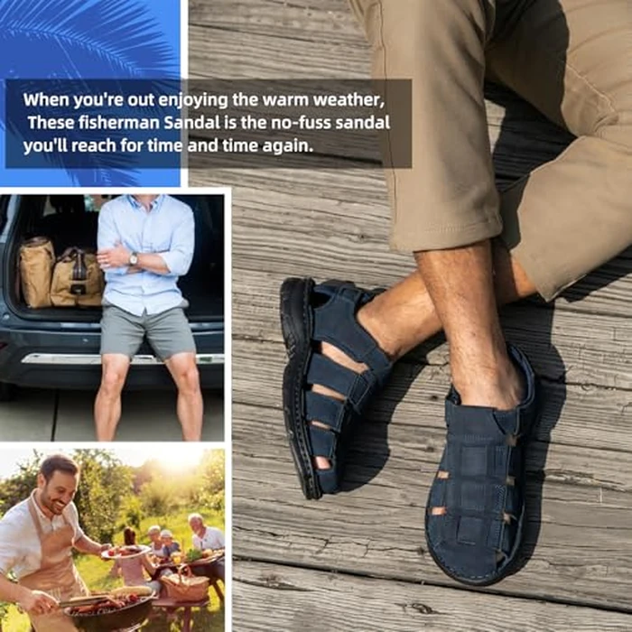KOIMED Men's Fisherman Leather Sandals Summer Outdoor Sport Beach Hiking Casual Dress Sandles With Comfortable Memory Foam Adjustable Back Strap Closed Toe by KOIMED - Image 7