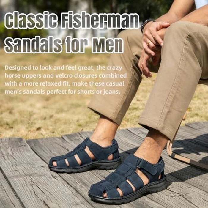 KOIMED Men's Fisherman Leather Sandals Summer Outdoor Sport Beach Hiking Casual Dress Sandles With Comfortable Memory Foam Adjustable Back Strap Closed Toe by KOIMED - Image 8