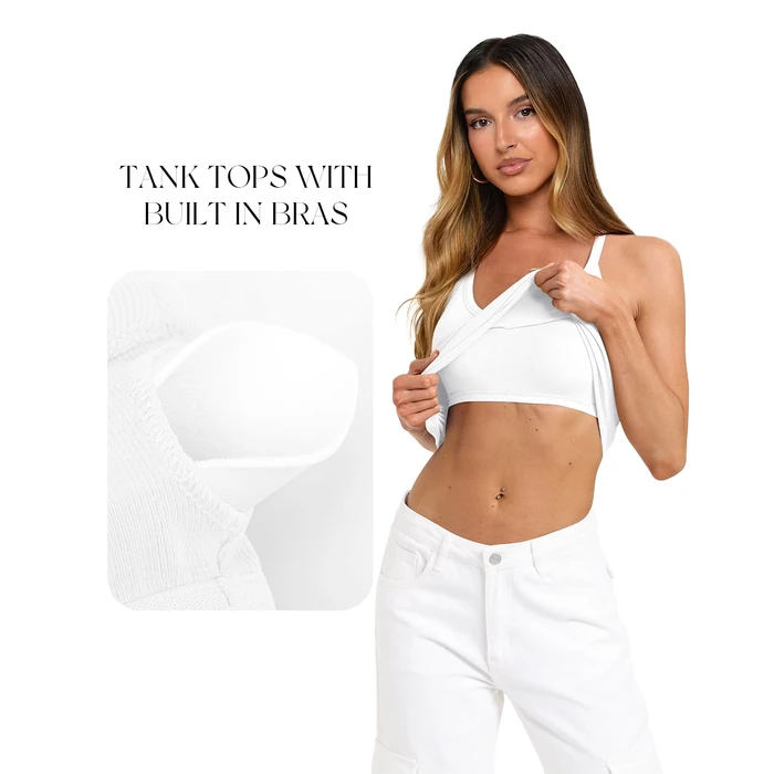 Darong Women Slim Fit Ribbed Racerback Tank Top Summer Soft V-Neck Camisole Trendy Sleeveless Basic Shirt 9232 White XS by Darong - Image 4