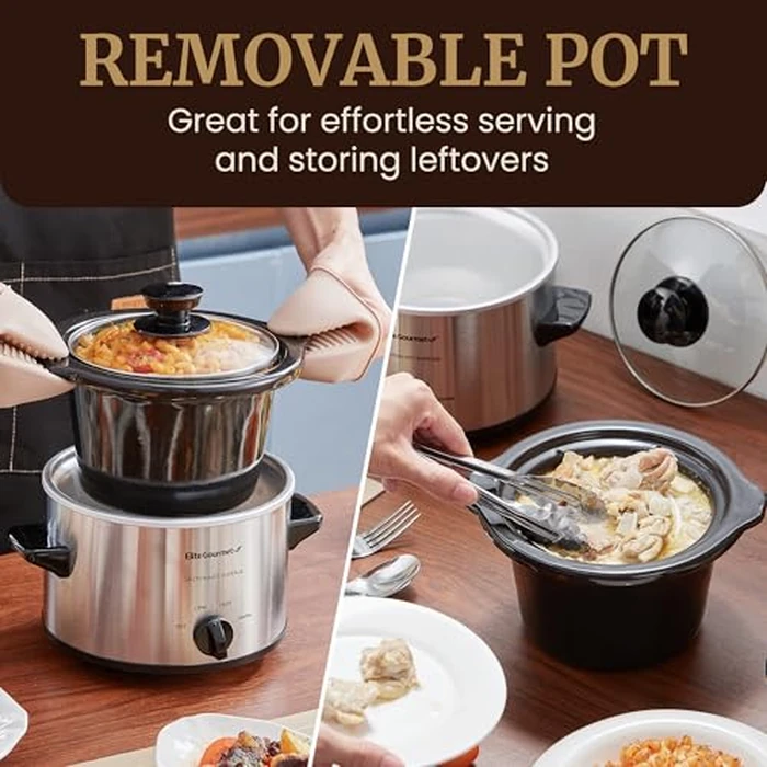 Elite Gourmet MST-250XS Electric Slow Cooker Ceramic Pot, Adjustable Temp, Entrees, Sauces, Stews & Dips, Dishwasher Safe Glass Lid & Crock, 1.5 Quart, Stainless Steel by Elite Gourmet - Image 4