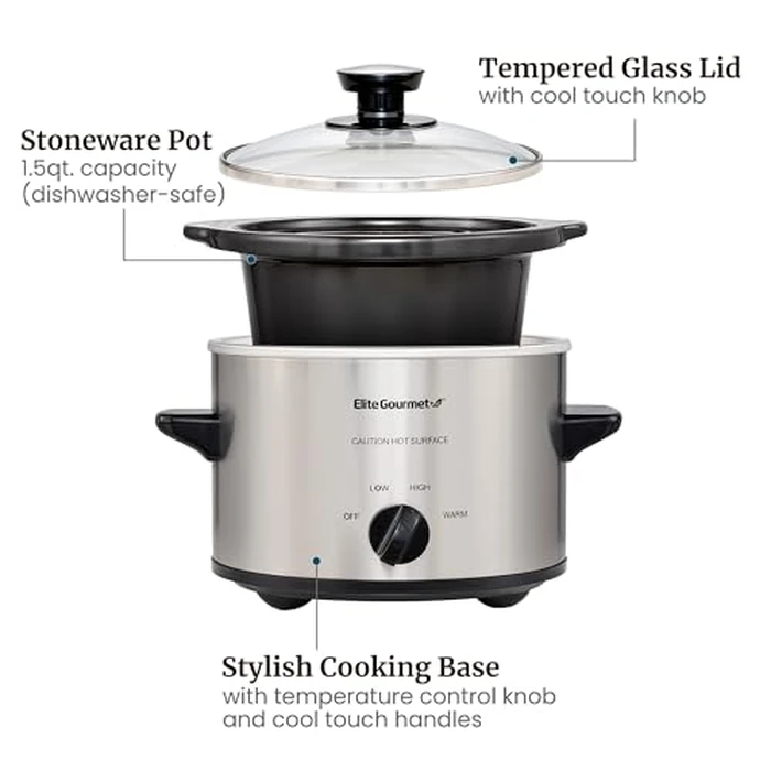 Elite Gourmet MST-250XS Electric Slow Cooker Ceramic Pot, Adjustable Temp, Entrees, Sauces, Stews & Dips, Dishwasher Safe Glass Lid & Crock, 1.5 Quart, Stainless Steel by Elite Gourmet - Image 5