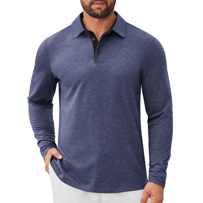 COOFANDY Polo Long Sleeve Shirts for Men V Neck Tees Athletic Business Golf Tshirts Vacation Button Shirt Navy Blue by COOFANDY - Used - Like New condition - US$17.41
