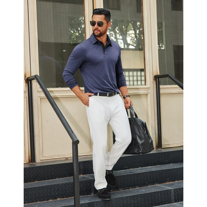 COOFANDY Polo Long Sleeve Shirts for Men V Neck Tees Athletic Business Golf Tshirts Vacation Button Shirt Navy Blue by COOFANDY - Image 3