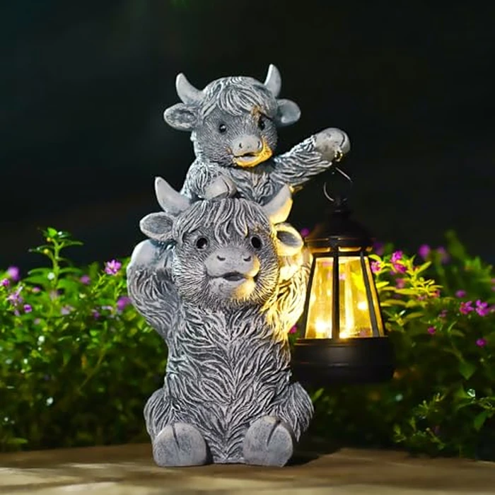 Goodeco 9.5 Inch Highland Cow with Solar Lantern - Resin Garden Decor, Outdoor Statue & Unique Highland Cow Gifts (Gray) by Goodeco - Image 1