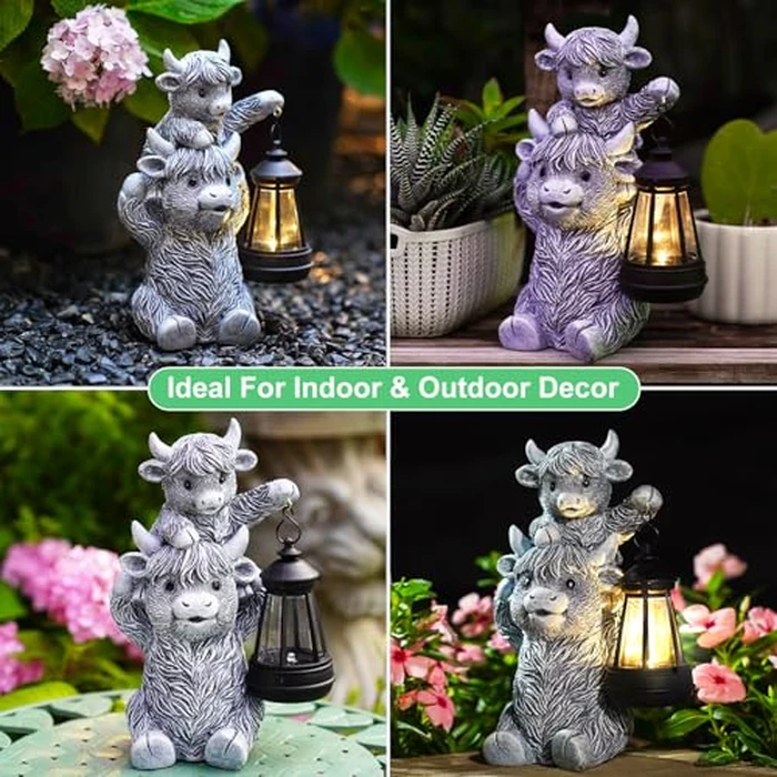 Goodeco 9.5 Inch Highland Cow with Solar Lantern - Resin Garden Decor, Outdoor Statue & Unique Highland Cow Gifts (Gray) by Goodeco - Image 7