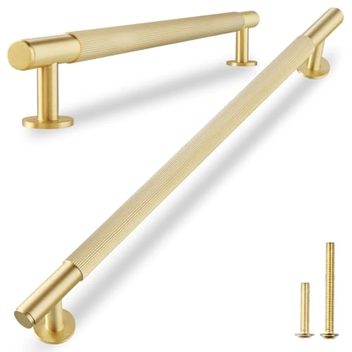QOGRISUN 2-Pack Solid Brass Cabinet Pulls, Grooved Gold Bar Handles, 7-9/16-Inch Hole Center for Kitchen Drawer Dresser Cupboard, 9.5-Inch Total Length, Brushed Brass Finish - Eleganza by QOGRISUN - Used - Like New condition - US$28.49
