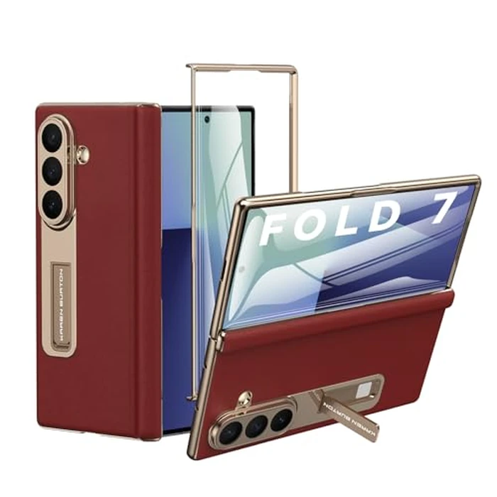 Kalernd for Samsung Galaxy Z Fold 7 Phone Case,Luxury Genuine Leather,Kickstand Hinge Protection,Built-in Screen Protector,Full Body Anti-Fall Ultra Slim Protective Case for Galaxy zfold 7 (Red) by Kalernd - Used - Acceptable condition