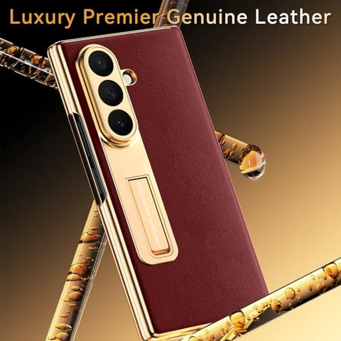 Kalernd for Samsung Galaxy Z Fold 7 Phone Case,Luxury Genuine Leather,Kickstand Hinge Protection,Built-in Screen Protector,Full Body Anti-Fall Ultra Slim Protective Case for Galaxy zfold 7 (Red) by Kalernd - Image 2