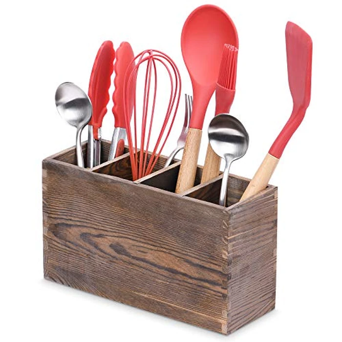 Upgrade Wood Cutlery Holder, Cutlery Holder Organizer tensil Storage Organizer Countertop for Silverware Fork Spoon Spatula 4 compartments by WuGeShop - Used - Good condition - CA$13.03