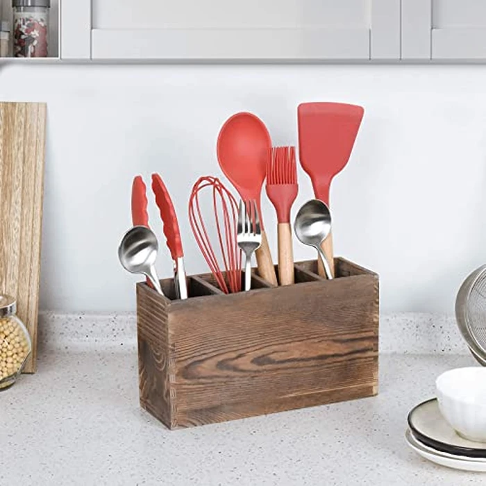 Upgrade Wood Cutlery Holder, Cutlery Holder Organizer tensil Storage Organizer Countertop for Silverware Fork Spoon Spatula 4 compartments by WuGeShop - Image 4