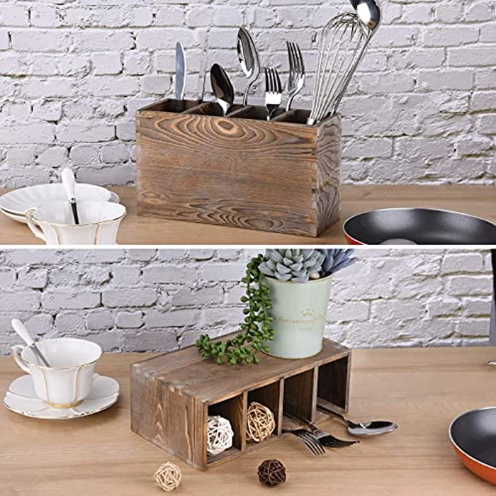 Upgrade Wood Cutlery Holder, Cutlery Holder Organizer tensil Storage Organizer Countertop for Silverware Fork Spoon Spatula 4 compartments by WuGeShop - Image 5