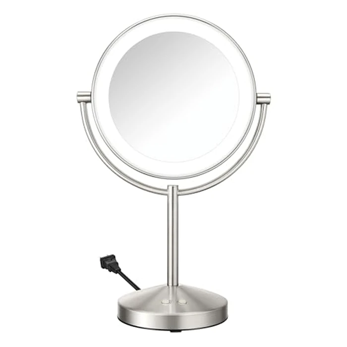 Conair Lighted Makeup Mirror, Double-Sided LED Vanity Mirror with 1X/10X Magnification, 3 Light Settings, 3 Modes, 360 degrees Rotation, Satin Nickel Finish by Conair - Used - Acceptable condition