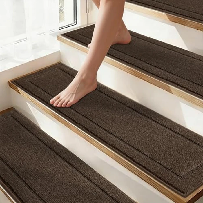 Non-Slip Stair Treads for Wooden Steps Indoor, 4 Pack 8" X 30" Edging Stair Rugs with TPE Backing,0.45" Thick Carpet Stair Treads for Kids Elders & Pets, 100% Polyester Soft Stair Runners, Brown by JSEI - Used - Like New condition