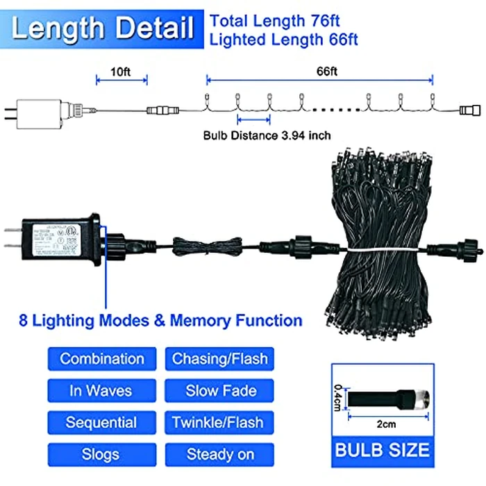 JMEXSUSS 200 LED Blue Christmas Lights Outdoor, Expandable 66ft Christmas String Lights Green Wire, 8 Modes Waterproof Christmas Tree Lights Plug in for Party Indoor Xmas Halloween Decorations by JMEXSUSS - Image 6