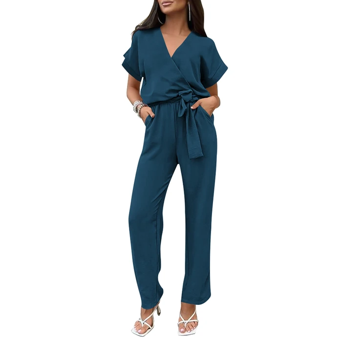 PRETTYGARDEN Women One Piece Outfits Casual Wrap V Neck Short Sleeve Pants Jumpsuits Rompers (Dark Blue,Small) by PRETTYGARDEN - Used - Like New condition