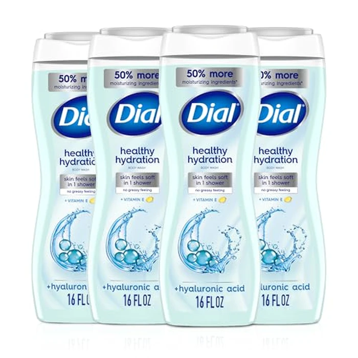 Dial Body Wash, Healthy Hydration, Hyaluronic Acid + Vitamin E, 16 fl oz (Pack of 4), Gentle, Leaves Skin Feeling Soft In 1 Shower, Dermatologist-Tested, No Parabens & Silicones by Dial - Used - Very Good condition