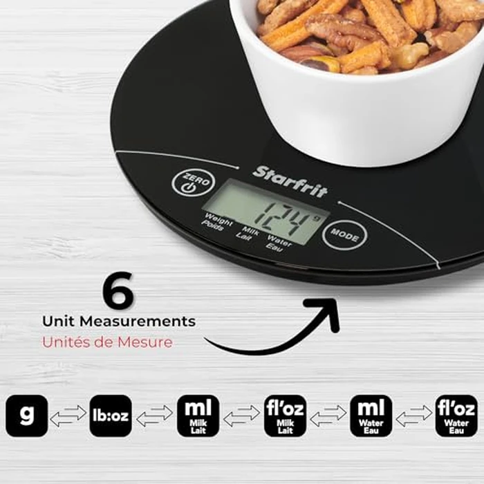 Starfrit Digital Kitchen Scale - Glass Platform - Measures Weight and Liquid Volume - 11 lb / 5 kg Capacity - Black by Starfrit - Image 3
