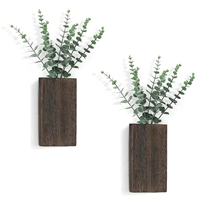 Dahey 2 Pack Wood Wall Planter Vase with Artificial Eucalyptus Farmhouse Wall Hanging Decor Pocket Planter for Indoor Fake Plants Greenery, Living Room Bedroom Kitchen Home Office Decoration by Dahey - Used - Very Good condition