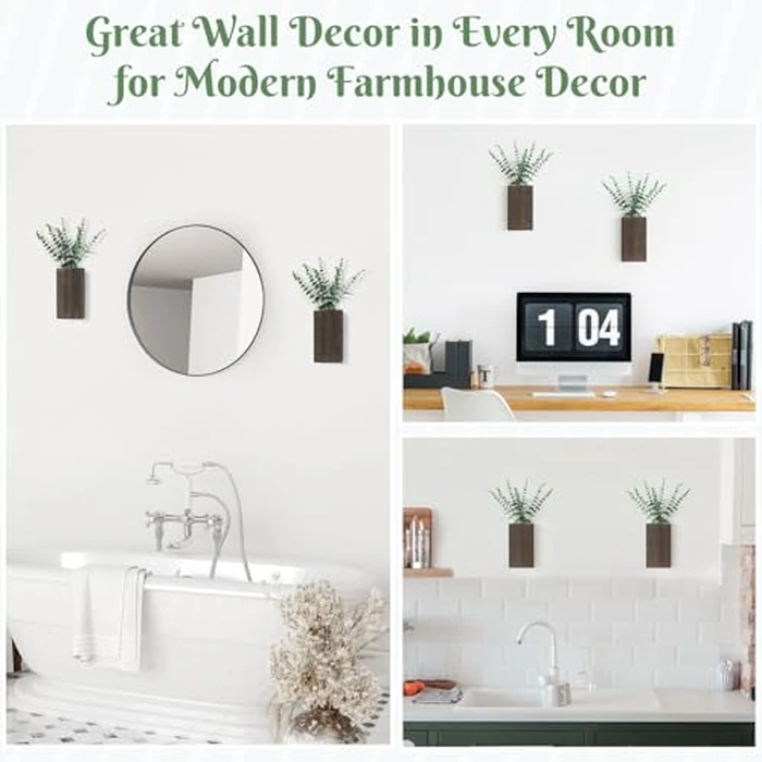 Dahey 2 Pack Wood Wall Planter Vase with Artificial Eucalyptus Farmhouse Wall Hanging Decor Pocket Planter for Indoor Fake Plants Greenery, Living Room Bedroom Kitchen Home Office Decoration by Dahey - Image 5