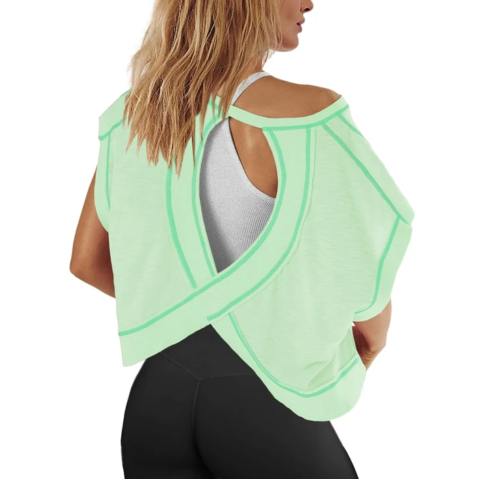 Panadila Womens Oversized Tshirts Open Back Workout Top Athletic Shirts Short Sleeve Crop Tops Gym Yoga Tee (Light Green,L) by Panadila - Used - Like New condition - US$17.71