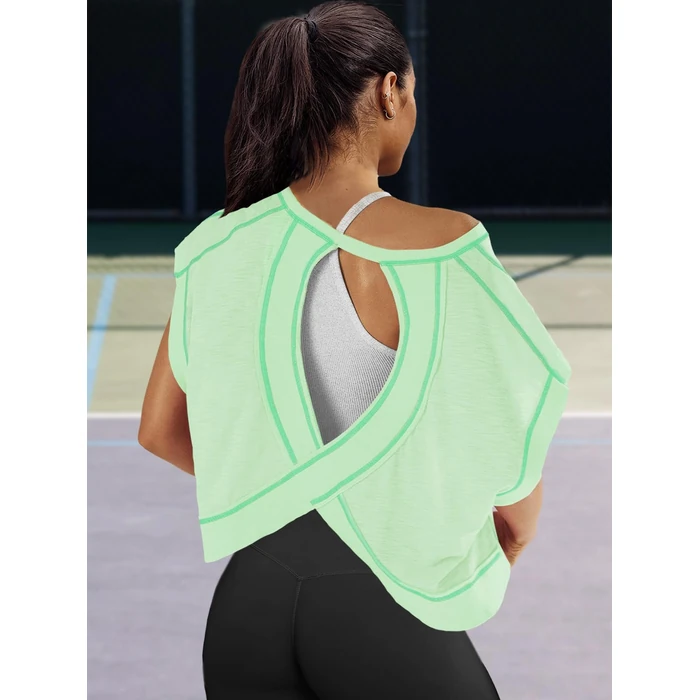 Panadila Womens Oversized Tshirts Open Back Workout Top Athletic Shirts Short Sleeve Crop Tops Gym Yoga Tee (Light Green,L) by Panadila - Image 3