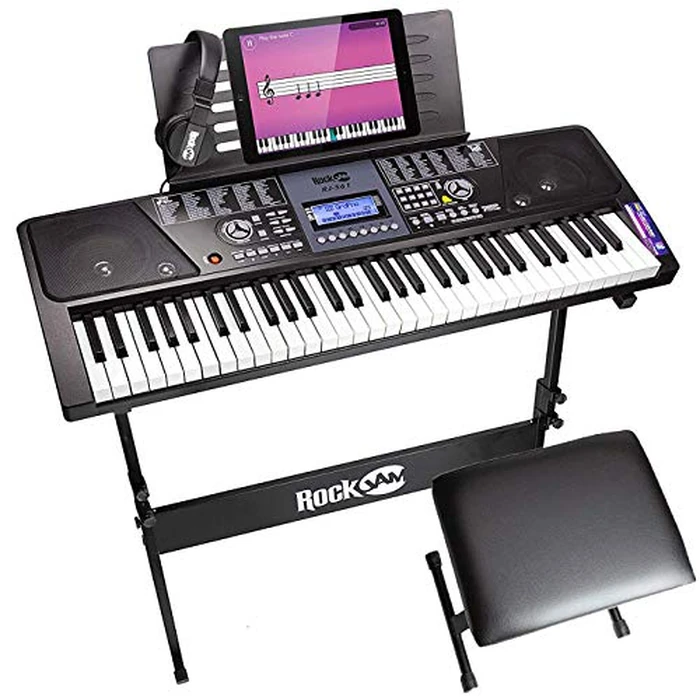 RockJam 61-Key Keyboard Piano Kit with Stand, Stool, Headphones, Keynote Stickers & Lessons by RockJam - Image 1