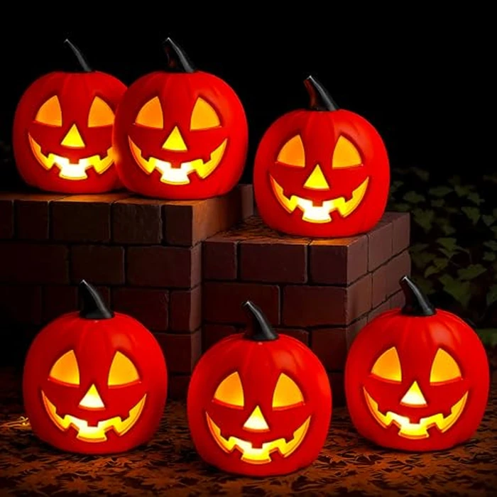 Kittmip 6 PCS 8.5 Inch Halloween Plastic Jack O Lantern Pumpkins Face LED Lighted Battery Operated Pumpkin Decoration Light Up Jack-o Lantern for Indoor Yard Lawn Garden Party Outdoor Porch (Orange) by Kittmip - Image 1
