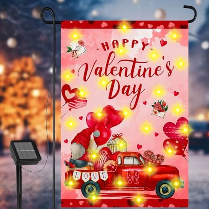 Ganeen Valentines Day Garden Flag with LED Lights 12 x 18 Inch Double Sided Solar Valentine Outside Yard Flag Solar LED Lighted Heart Gnome Outdoor Decorations for Valentine's Day Lawn Outside Decor by Ganeen - Used - Like New condition - US$14.25