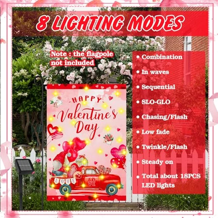 Ganeen Valentines Day Garden Flag with LED Lights 12 x 18 Inch Double Sided Solar Valentine Outside Yard Flag Solar LED Lighted Heart Gnome Outdoor Decorations for Valentine's Day Lawn Outside Decor by Ganeen - Image 4