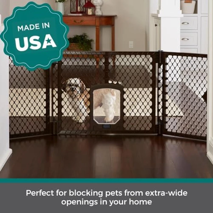 MyPet Extra Wide Dog Gate with Small Pet Door. 38.5” to 103.5" Wide. Cat Gate for Doorway. Made in USA. 26" Tall, Brown by MYPET - Image 2