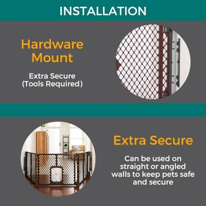 MyPet Extra Wide Dog Gate with Small Pet Door. 38.5” to 103.5" Wide. Cat Gate for Doorway. Made in USA. 26" Tall, Brown by MYPET - Image 4