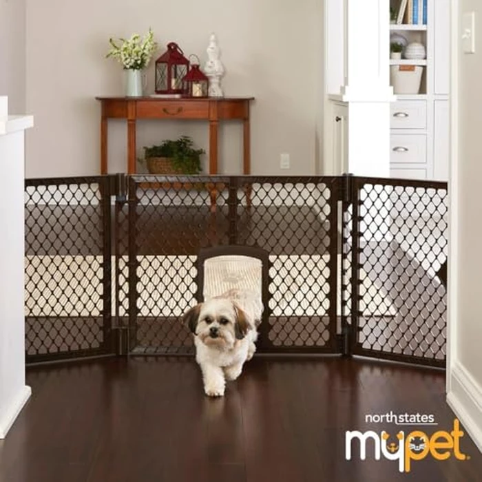 MyPet Extra Wide Dog Gate with Small Pet Door. 38.5” to 103.5" Wide. Cat Gate for Doorway. Made in USA. 26" Tall, Brown by MYPET - Image 8