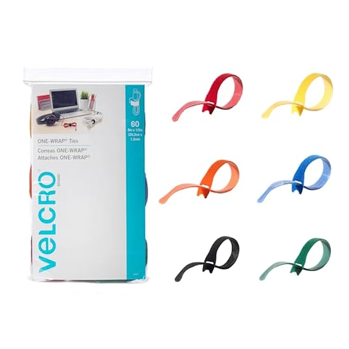 VELCRO Brand ONE-WRAP Cable Ties | 60Pk | 8 x 1/2" Straps, Multicolor | Strong Reusable Wire Management | Cord Bundling for Home Office and Data Centers by VELCRO Brand - Used - Like New condition - US$13.87