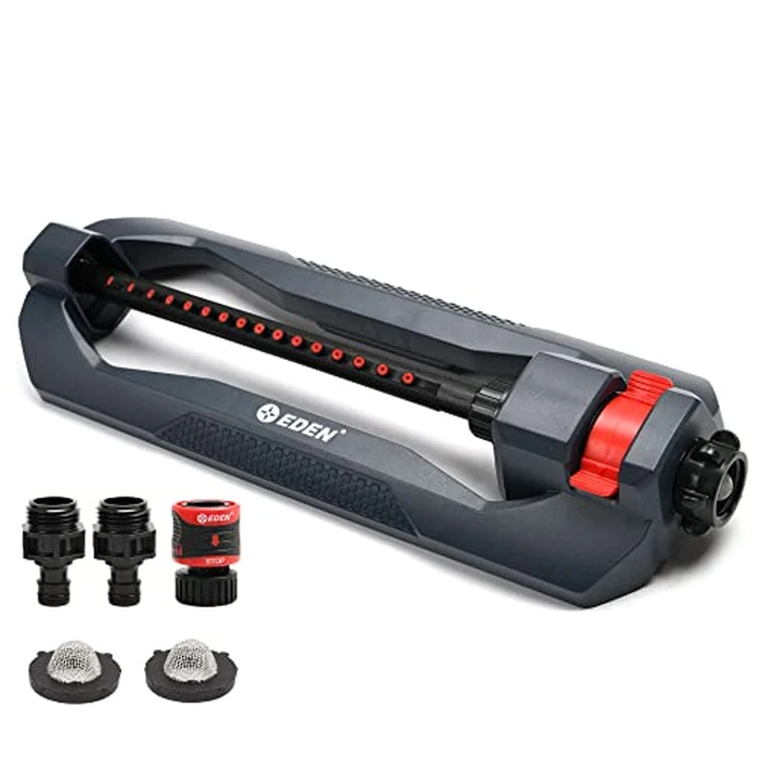 Eden 96213 Essential Turbo Oscillating Water Sprinkler, Covers Up to 3,600 sq. ft., 16 Nozzles, Weighted Base, Adjustable Range, Quick Connect Bundle, Dark Grey, Red, Silver by Eden - Used - Like New condition