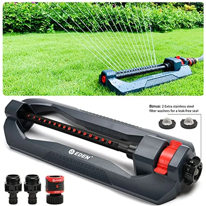 Eden 96213 Essential Turbo Oscillating Water Sprinkler, Covers Up to 3,600 sq. ft., 16 Nozzles, Weighted Base, Adjustable Range, Quick Connect Bundle, Dark Grey, Red, Silver by Eden - Image 2