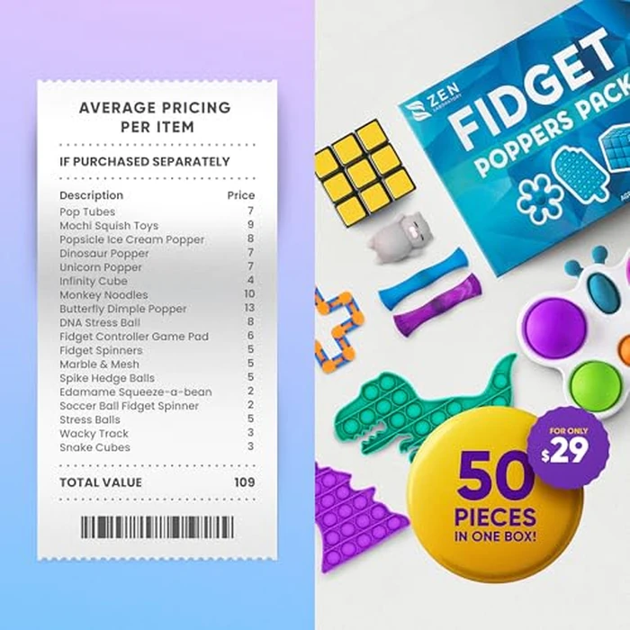 Fidget Poppers Pack - 50 Pcs Fidget Toys, Party Favors for Kids 8-12, Stocking Stuffers, Bulk Sensory Toys for Classroom Treasure Box Prizes, Goodie Bags, Birthday Gifts by Zen Laboratory - Image 9