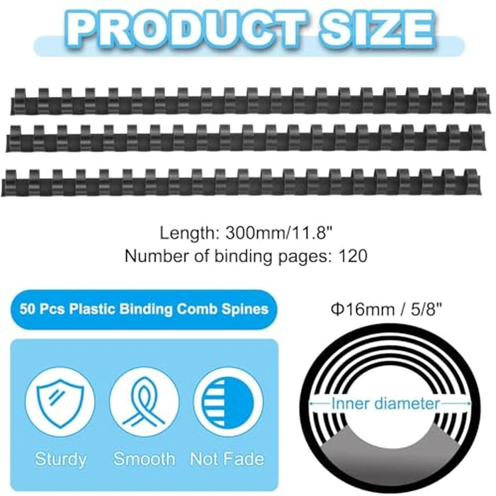 IONPSHG 50 Pcs Plastic Binding Combs 16mm, 21 Rings Comb Binding Spines for Paper Sheets, 120 Sheet Capacity, Black - Durable & Easy-to-Use Spine Binders for Office/School by IONPSHG - Image 2