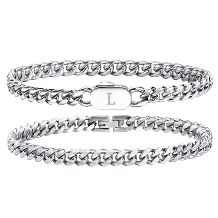 Hisatan Initial Bracelets for Men, 2 Pcs A-Z Letter Bracelet Silver Mens Bracelet with Initial, Stainless Steel Stylish Non Tarnish Cuban Link Bracelet for Men Jewelry Gifts, 8.26" by Hisatan - Used - Very Good condition