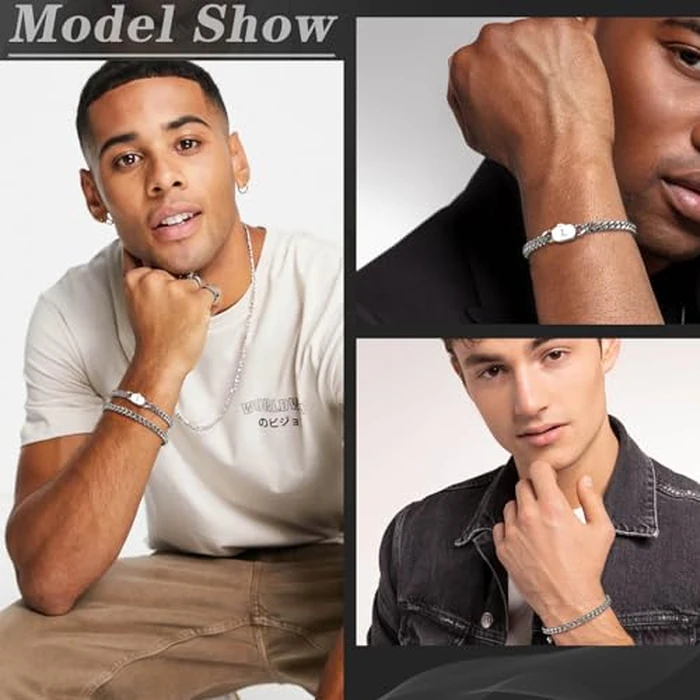 Hisatan Initial Bracelets for Men, 2 Pcs A-Z Letter Bracelet Silver Mens Bracelet with Initial, Stainless Steel Stylish Non Tarnish Cuban Link Bracelet for Men Jewelry Gifts, 8.26" by Hisatan - Image 4