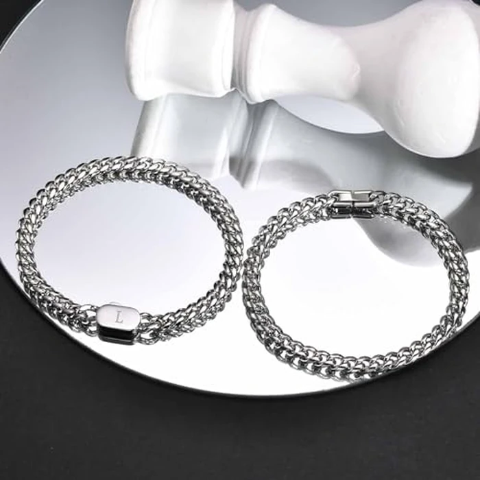 Hisatan Initial Bracelets for Men, 2 Pcs A-Z Letter Bracelet Silver Mens Bracelet with Initial, Stainless Steel Stylish Non Tarnish Cuban Link Bracelet for Men Jewelry Gifts, 8.26" by Hisatan - Image 6