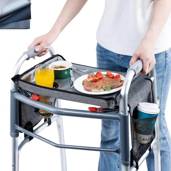 BAGSFY Walker Tray with Cup Holder & Side Pocket - Hard Top Walker Table for Seniors - Folding Walker Accessory for Meals, Reading, Drinks - Non-Slip Surface, Tool-Free Install, Universal Fit by BAGSFY - Used - Like New condition - US$28.49